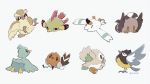  bird ducklett fletchling gen_1_pokemon gen_2_pokemon gen_3_pokemon gen_4_pokemon gen_5_pokemon gen_6_pokemon gen_7_pokemon gen_8_pokemon head_tilt looking_at_viewer looking_back lying natu no_humans on_back pidgey pokemon pokemon_(creature) rookidee rowlet simple_background starly talons white_background wingull yurano_(upao) 