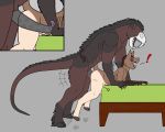  5:4 absurd_res andromorph anthro anthro_on_anthro bed bent_over bodily_fluids cervid crested_stag demon fearg_(crested_stag) furniture genital_fluids genitals grabbing_sheets hi_res hooves internal intersex intersex/male male mammal morrigan_(crested_stag) pain penetration penis ridiculous_fit sex size_difference skull_face teratophilia tight_fit uterus vaginal vaginal_penetration 