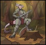  absurd_res ackie anthro armor black_border border dinosaur dromaeosaurid feathers female forest green_sclera hi_res knife melee_weapon nexivian outside reptile scalie shield solo sword tail_bag theropod tree velociraptor weapon 