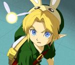  1boy animal_ears belt blonde_hair blue_eyes bunny_ears hat link meme monokuroumao open_mouth sailor_moon_redraw_challenge sweatdrop tatl the_legend_of_zelda the_legend_of_zelda:_majora&#039;s_mask tunic young_link 