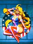  1girl ahoge american_flag american_flag_print arm_at_side ass bangs bare_shoulders blonde_hair blue_eyes boots breasts cleavage cleavage_cutout clothing_cutout collar covered_navel drop_shadow earrings elbow_gloves eye_mask fingerless_gloves fingernails flag_print floating forehead from_side full_body genzoman glint gloves gold halterneck high_heel_boots high_heels highleg highleg_leotard impossible_clothes impossible_leotard jewelry large_breasts legs_up leotard linea_alba lips long_hair multicolored multicolored_clothes muscle nose open_mouth original parted_hair patriotism pinup_(style) rivets salute sash shiny shiny_skin sideboob signature slender_waist smile solo star_(symbol) star_cutout star_earrings striped_footwear superhero swept_bangs taut_clothes taut_leotard teeth thick_thighs thigh_boots thighhighs thighs tongue tsurime upper_teeth wavy_hair yellow_sash 