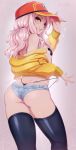  ass baseball_cap belle_delphine black_legwear breasts cidney_aurum cidney_aurum_(cosplay) cosplay denim denim_shorts final_fantasy final_fantasy_xv hat highres looking_at_viewer looking_back merunyaa original panties panty_pull pink_hair seductive_smile shorts small_breasts smile sticker sweater thong underwear yellow_sweater 