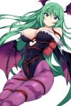  1girl absurdres animal_print arms_behind_back bat_print bat_wings bdsm bondage bound breasts bright_pupils clothing_cutout commentary_request demon_girl eyebrows_visible_through_hair fur_trim green_eyes head_wings heart_cutout highres kinbakuman large_breasts long_hair looking_at_viewer morrigan_aensland pantyhose parted_lips print_legwear purple_wings shibari shibari_over_clothes skindentation solo succubus tied_up vampire_(game) white_background white_pupils wings 