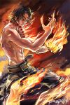  1boy abs bangs belt black_pants clenched_hand commentary english_commentary fire flaming_hand hands_up jewelry looking_at_viewer male_focus muscle necklace one_piece pants parted_lips portgas_d_ace shirtless short_hair signature smirk solo standing wind zzyzzyy 