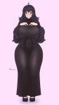  1girl absurdres black_dress breasts curvy dress fraankyy full_body hands_on_own_chest hex_maniac_(pokemon) highres large_breasts long_dress looking_at_viewer nail_polish pokemon purple_eyes purple_hair socks standing thick_thighs thighs wide_hips 