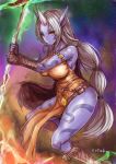  1girl bare_shoulders blue_skin breasts character_name colored_skin energy holding holding_staff horns league_of_legends long_hair long_pointy_ears looking_at_viewer low-tied_long_hair parted_lips pelvic_curtain pointy_ears silver_hair single_horn solo soraka staff ubanis very_long_hair white_hair yellow_eyes 