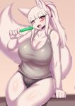  anthro bangs big_breasts bodily_fluids breasts camel_toe canid canine cleavage clothed clothing cute_fangs eyeshadow female food fox fur hair hi_res high_school_inari_tamamo-chan holding_food holding_object holding_popsicle leaning leaning_back makeup mammal open_mouth open_smile panties ponytail popsicle red_eyes red_eyeshadow scrunchie shirt simple_background smile solo sweat tailzkim tamamo-chan&#039;s_a_fox tamamo_fushimi tank_top topwear underwear white_body white_fur white_hair 