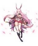  1girl absurdres animal_ears blue_eyes boots breasts bunny_ears cherry_blossoms fingerless_gloves full_body gloves hellk111 highres honkai_(series) honkai_impact_3rd katana large_breasts long_hair looking_at_viewer panties pink_hair sword thick_thighs thighhighs thighs underwear weapon white_background yae_sakura 