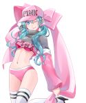  1girl aira_(exp) aqua_hair arm_up baseball_cap bikini bikini_bottom blue_eyes bow clothes_writing commentary cowboy_shot crop_top grey_sweater hair_bow hair_ornament hat hatsune_miku high_heels highres large_bow leg_up long_hair looking_at_viewer midriff navel one_eye_closed pink_bikini pink_bow pink_headwear pink_sleeves smile solo sweater swimsuit thighhighs twintails vocaloid white_background white_legwear 