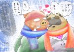  &lt;3 2020 anthro brown_body brown_fur canid canine clothing domestic_pig duo eyes_closed fur gatoggy hat headgear headwear japanese_text kemono male male/male mammal overweight overweight_male raccoon_dog scarf suid suina sus_(pig) sweater tanuki text topwear 