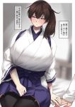  1girl black_legwear blue_hakama blush breasts brown_eyes brown_hair hakama hakama_skirt highres huge_breasts japanese_clothes jewelry kaga_(kantai_collection) kantai_collection konoshige_(ryuun) long_hair remodel_(kantai_collection) ribbon-trimmed_legwear ribbon_trim ring short_sidetail side_ponytail sitting solo_focus tasuki thighhighs translation_request wedding_band 