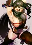  1girl absurdres armor armpits barefoot black_hair bouncing_breasts breasts forehead fundoshi gesogeso grey_background highres holding holding_weapon japanese_clothes jumping large_breasts looking_at_viewer mask medium_hair mouth_mask navel ninja ninja_mask original red_eyes shuriken sideboob solo thighs toned weapon 