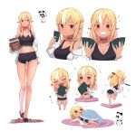  1girl alternate_costume animal_ears blonde_hair breasts card cat_ears chibi choker cleavage coffee_cup crop_top cup dancing dark_skin dark_skinned_female disposable_cup dolphin dress_shirt eating elf exercise full_body grin holding holding_card holding_jar hololive jar kintsuba_(shiranui_flare) legs looking_at_viewer lying medium_breasts minigirl multicolored_hair multiple_views nori_(seaweed) off_shoulder on_back pointy_ears red_eyes sasaki_(glass1138) shiranui_flare shirt short_shorts shorts simple_background slippers smile sparkle streaked_hair tank_top thighs white_background 