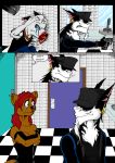  aardwolf amber_(clusterskulls) anthro bathroom black_body black_clothing black_fur black_hair black_jacket black_nose black_shirt black_stripes black_topwear blood bodily_fluids brown_body brown_fur canid canine canis claws clothing clusterskulls collar comic comic_page covering covering_breasts domestic_dog domestic_ferret ear_piercing ear_ring english_text eye_contact eyes_hidden facial_hair female fur group gun gun_to_head hair handgun hat headgear headwear hyaenid jacket looking_at_another looking_back magra_(clusterskulls) male mammal mustela mustelid musteline nosebleed piercing pink_inner_ear pistol pistol_out public_restroom ranged_weapon red_hair shirt sink speech_bubble steve_(clusterskulls) stripes tears teeth teeth_showing text tile_floor tile_wall topwear torn_clothing weapon white_body white_fur yellow_claws yellow_teeth 