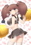  1girl alternate_costume anchor_hair_ornament ass atlanta_(kantai_collection) bare_arms bare_shoulders black_skirt blush breasts brown_hair cheerleader earrings grey_eyes hair_ornament hair_scrunchie heart heart_background highres jewelry kantai_collection large_breasts long_hair looking_at_viewer panties pleated_skirt pom_poms scrunchie shirt simoyuki simple_background skirt solo star_(symbol) star_earrings steam sweat thighhighs two_side_up underwear white_background white_legwear white_panties 