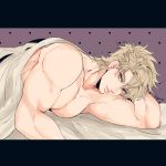  1boy artist_name battle_tendency blonde_hair caesar_anthonio_zeppeli dotted_background eyebrows_visible_through_hair facial_mark green_eyes highres jojo_no_kimyou_na_bouken kogatarou lying male_focus muscle no_headwear on_bed on_side parted_lips short_hair signature simple_background solo topless under_covers 