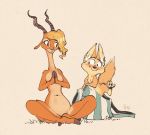  2020 antelope anthro blonde_hair blush bovid breasts canid canine disney duo edtropolis featureless_crotch female fennec finnick fox fur gazelle gazelle_(zootopia) hair hi_res horn looking_at_another male mammal navel nude signature simple_background sitting zootopia 