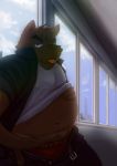  2009 anthro belly bottomwear brown_body brown_fur canid canine canis clothing detailed_background domestic_dog fur ganson inside kemono male mammal navel overweight overweight_anthro overweight_male pants shirt solo tongue tongue_out topwear underwear 