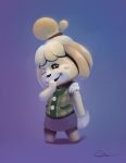  2020 animal_crossing anthro blush canid canine canis clothed clothing darkanine121212 domestic_dog female fully_clothed fur hair hand_on_face hi_res isabelle_(animal_crossing) mammal nintendo one_eye_closed open_mouth purple_background shih_tzu simple_background smile solo standing toy_dog video_games wink yellow_body yellow_fur 