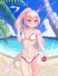  1girl absurdres ayanami_(azur_lane) azur_lane bandaid bandaid_on_arm beach bikini blonde_hair blue_sky bouhuuu breasts can cloud commentary_request cowboy_shot day high_ponytail highres looking_at_viewer medium_breasts mountain ocean orange_eyes outdoors palm_tree silver_hair sky smile soda_can solo swimsuit tree water white_bikini 