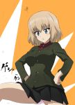  1girl :t bangs black_skirt blonde_hair blue_eyes closed_mouth commentary_request eyebrows_visible_through_hair frown girls_und_panzer green_jacket hands_on_hips highres insignia jacket katyusha_(girls_und_panzer) kumagapaniti leg_up long_sleeves looking_to_the_side miniskirt motion_lines orange_background panties pantyshot pleated_skirt pravda_school_uniform red_shirt school_uniform shirt short_hair skirt solo squiggle translated turtleneck underwear white_panties 