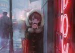  1girl bangs black_coat brown_eyes brown_hair car city closed_umbrella coat cup disposable_cup drinking evening fog fur-trimmed_coat fur_trim ground_vehicle holding holding_cup hood hood_up kouka_(mrakano5456) long_sleeves motor_vehicle neon_lights original outdoors steam umbrella window 