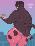 2019 5_fingers anthro big_butt biped butt clothing dialogue digital_media_(artwork) ear_piercing english_text felid feline fingers food looking_at_viewer looking_back male mammal muscular muscular_anthro muscular_male pan_(sxfpantera) pancake piercing simple_background solo speech_bubble sxfpantera text thick_thighs torn_clothing undressing yoga_pants 