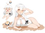  1girl ;p =_= armpits arms_up azur_lane bangs bare_shoulders beach_volleyball black_bow blush bow braid breasts cap105 chibi chibi_inset cleavage collarbone commentary_request criss-cross_halter dojikko_pose eyebrows_visible_through_hair full_body hair_between_eyes halterneck hermione_(azur_lane) hermione_(pure_white_holiday)_(azur_lane) highres large_breasts long_hair looking_at_viewer low_tied_hair lying motion_lines navel navel_piercing official_alternate_costume on_side one-piece_swimsuit one_eye_closed open_mouth piercing sand shadow sidelocks silver_hair simple_background single_braid smile sweat swimsuit tongue tongue_out very_long_hair white_background white_swimsuit yellow_eyes 