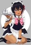  1girl apron bangs black_dress black_wings blush bow dark_skin dark_skinned_female dress gomashi_(goma) hair_between_eyes highres looking_at_viewer low_wings maid open_mouth original pink_bow pink_neckwear purple_eyes short_hair simple_background sitting solo tray two-tone_background waist_apron wariza white_apron wings 