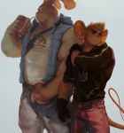  2017 anthro big_muscles biker_mice_from_mars black_clothing black_jacket black_topwear bottomwear brown_body brown_fur clothing duo food fur grey_background jacket lagomorph leporid male mammal mouse murid murine muscular muscular_anthro muscular_arms muscular_male pants popsicle rabbit rodent shaded shirt simple_background soft_shading tank_top throttle topwear uleezoo vest white_body white_clothing white_fur white_shirt white_tank_top white_topwear 