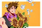  1boy :d ^_^ battle_tendency black_shirt bouquet brown_hair bubble closed_eyes flower grin highres holding holding_flower jojo_no_kimyou_na_bouken joseph_joestar_(young) male_focus muscle open_mouth orange_background scarf shirt short_hair simple_background sleeveless smile solo striped striped_scarf sunflower wulie_errr yellow_flower 