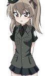  1girl adapted_uniform arms_behind_back bangs beret black_headwear black_jacket black_ribbon brown_eyes commentary cowboy_shot dress_shirt eyebrows_visible_through_hair eyes_visible_through_hair girls_und_panzer hair_ribbon hat highres jacket light_blush light_brown_hair light_frown long_hair looking_at_viewer military military_hat military_uniform miniskirt necktie one_side_up open_mouth pleated_skirt ribbon selection_university_military_uniform shimada_arisu shirt short_sleeves simple_background skirt solo standing tilted_headwear uniform wakku_kan white_background 