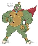  2019 3_toes 5_fingers alligator alligatorid anthro banana biped cape claws clothing crocodilian crown dialogue digital_media_(artwork) donkey_kong_(series) english_text featureless_crotch fingers food fruit green_body hi_res king_k._rool male multicolored_body musclegut muscular muscular_anthro muscular_male nintendo open_mouth plant reptile scalie sharp_teeth simple_background solo standing sxfpantera teeth text toe_claws toes video_games white_background yellow_body 