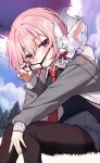  1girl absurdres animal_ears bangs blush creature eyebrows_visible_through_hair fate_(series) glasses highres holding holding_eyewear hood hoodie leggings looking_to_the_side mash_kyrielight necktie pink_hair purple_eyes red_neckwear short_hair smile useq1067 white_hoodie 