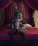  2020 anthro armwear bed clothed clothing detailed_background disney elbow_gloves female flat_chested fur furniture gloves grey_body grey_fur handcuffs handwear hi_res inside judy_hopps lagomorph legwear leporid lingerie looking_at_viewer mammal nipples on_bed panties partially_clothed purple_eyes rabbit shackles sitting smile solo stockings topless ukon_vasara underwear zootopia 