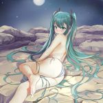  1girl absurdres ass bangs barefoot blush feet green_eyes green_hair hair_in_mouth hatsune_miku highres long_hair lying night on_side outdoors panties rock semisweet side-tie_panties solo topless twintails underwear underwear_only very_long_hair vocaloid white_panties 