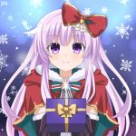  1girl black_gloves box christmas elbow_gloves gift gift_box gloves hair_ornament highres lewdkuma long_hair looking_at_viewer merry_christmas nepgear neptune_(series) purple_eyes purple_hair smile snowflakes solo 