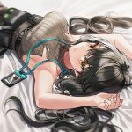  1girl armpits arms_up bangs bare_shoulders belt black_belt black_hair blurry blush breasts closed_mouth depth_of_field eyebrows_visible_through_hair from_above girls_frontline heterochromia id_card lanyard large_breasts long_hair looking_at_viewer lying mod3_(girls_frontline) multicolored_hair on_back red_eyes ribbed_sweater ro635_(girls_frontline) sideboob silence_girl sleeveless sleeveless_sweater solo streaked_hair sweater tied_hair torn_clothes upper_body white_hair yellow_eyes 