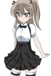  1girl adapted_costume bangs black_legwear black_neckwear black_ribbon black_skirt bow bowtie casual collared_shirt commentary cowboy_shot eyebrows_visible_through_hair girls_und_panzer hair_ribbon high-waist_skirt highres layered_skirt light_blush light_brown_eyes light_brown_hair long_hair looking_at_viewer miniskirt one_side_up open_mouth puffy_short_sleeves puffy_sleeves ribbon shimada_arisu shirt short_sleeves simple_background skirt smile solo standing striped striped_legwear suspender_skirt suspenders thighhighs wakku_kan white_background white_shirt 