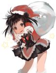  1girl bangs black_eyes black_gloves black_hair black_neckwear blush double_bun elbow_gloves fur_trim gloves hat highres holding holding_sack kantai_collection kumofuki naka_(kantai_collection) neckerchief open_mouth sack sailor_collar santa_costume santa_hat short_hair simple_background skirt solo star_(symbol) v white_background 