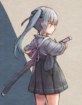  1girl adapted_costume alternate_costume breasts commentary_request cowboy_shot dress eyebrows_visible_through_hair fang from_behind gauntlets hair_ribbon hakama japanese_clothes kantai_collection kasumi_(kantai_collection) katana long_hair remodel_(kantai_collection) ribbon side_ponytail silver_hair solo standing sword tasuki thighhighs twitter_username two-tone_background weapon wss_(nicoseiga19993411) 
