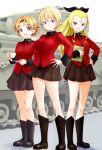  3girls assam_(girls_und_panzer) bangs black_bow black_footwear black_ribbon black_skirt blonde_hair blue_eyes blush boots bow braid breasts churchill_(tank) closed_mouth cup darjeeling_(girls_und_panzer) emblem epaulettes eyebrows_visible_through_hair full_body girls_und_panzer ground_vehicle hair_bow hair_pulled_back hair_ribbon hand_on_hip highres holding holding_cup holding_saucer holding_tablet_pc insignia jacket knee_boots long_hair long_sleeves looking_at_viewer military military_jacket military_uniform military_vehicle miniskirt model_tank motor_vehicle multiple_girls open_mouth orange_hair orange_pekoe_(girls_und_panzer) parted_bangs pleated_skirt red_jacket ribbon sasaki_akira_(ugc) saucer shadow short_hair side-by-side skirt smile st._gloriana&#039;s_(emblem) st._gloriana&#039;s_military_uniform standing tablet_pc tank teacup thighs tied_hair twin_braids uniform 