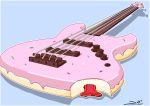  absurdres artist_name bass_guitar bite_mark blue_background candy doughnut eriott food highres instrument jelly music no_humans original shadow sprinkles tagme what 