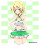  1girl arm_behind_back bangs belt blonde_hair blue_eyes braid breasts checkered checkered_background cleavage closed_mouth clothes_writing commentary criss-cross_halter crop_top cropped_legs darjeeling_(girls_und_panzer) girls_und_panzer green_background green_skirt halterneck hand_on_hip head_tilt highres layered_skirt logo looking_at_viewer medium_breasts miniskirt namatyoco navel pacific_racing_team race_queen shirt short_hair skirt smile solo standing tied_hair twin_braids twitter_username white_belt white_shirt 