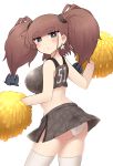  1girl alternate_costume anchor_hair_ornament ass atlanta_(kantai_collection) bare_arms bare_shoulders black_skirt blush breasts bright_pupils brown_hair cheerleader earrings eyebrows_visible_through_hair grey_eyes hair_ornament hair_scrunchie highres jewelry kantai_collection large_breasts long_hair looking_at_viewer panties pleated_skirt pom_poms scrunchie shirt simoyuki simple_background skirt solo star_(symbol) star_earrings thighhighs two_side_up underwear white_background white_legwear white_panties white_pupils 
