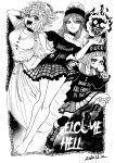  1girl adapted_costume alternate_costume bare_legs bare_shoulders barefoot black_footwear blackcat_(pixiv) boots breasts chewing_gum cleavage dated dress english_text flaming_skull greyscale hair_between_eyes hecatia_lapislazuli hecatia_lapislazuli_(earth) hecatia_lapislazuli_(moon) long_dress long_sleeves looking_at_viewer medium_hair mismatched_legwear monochrome multiple_persona plaid plaid_skirt polos_crown profanity shirt short_sleeves skirt sleeveless smile t-shirt touhou 