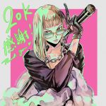  1girl bangs black_gloves black_jacket blonde_hair blunt_bangs border chain clothing_cutout collarbone commentary english_commentary english_text glasses gloves grey_border hand_up heart heart_cutout holding holding_nunchaku holding_weapon instagram_username jacket lipstick long_hair long_sleeves looking_at_viewer makeup milestone_celebration number nunchaku original parted_lips pink_background pink_lipstick red_eyes solo thank_you translation_request upper_body v weapon zzyzzyy 