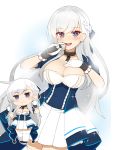  1girl :d azur_lane bangs belfast_(azur_lane) blue_dress blue_eyes blush braid breasts broken broken_chain cap105 chain chibi chibi_inset cleavage collar commentary_request cowboy_shot dress eyebrows_visible_through_hair french_braid frilled_gloves frills full_body gloves hair_between_eyes hand_on_hip hand_on_own_chest hand_up highres holding holding_microphone idol large_breasts long_hair looking_at_viewer microphone music open_mouth puffy_short_sleeves puffy_sleeves short_sleeves showgirl_skirt sidelocks silver_hair simple_background singing smile sparkle standing thighhighs two-tone_dress white_background white_dress white_gloves white_legwear zettai_ryouiki 