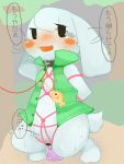  3:4 anthro bdsm big_ears blush bodily_fluids bondage bottomless bound casseroleafy cave_story censor_bar censored clothed clothing collar dildo dildo_in_pussy dildo_penetration dildo_sitting female fur fur_tuft genital_fluids hi_res jacket jacket_vest japanese_text jewelry lagomorph leash mammal masturbation mimiga necklace open_mouth penetration pussy_juice rope rope_bondage sex_toy sex_toy_in_pussy sex_toy_penetration simple_background solo speech_bubble text topwear toroko tuft vaginal vaginal_penetration vest video_games white_body white_fur 