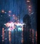  1girl absurdres blurry bokeh city commentary dark depth_of_field film_grain headlight highres lamppost night original outdoors rain road scenery short_hair silhouette sky skyrick9413 street through_window water_drop window 